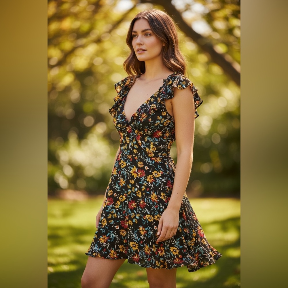 Band of the Free Brown Marigold Floral Print Mini Wrap Dress Smocked Ruffle XS - Picture 2 of 16
